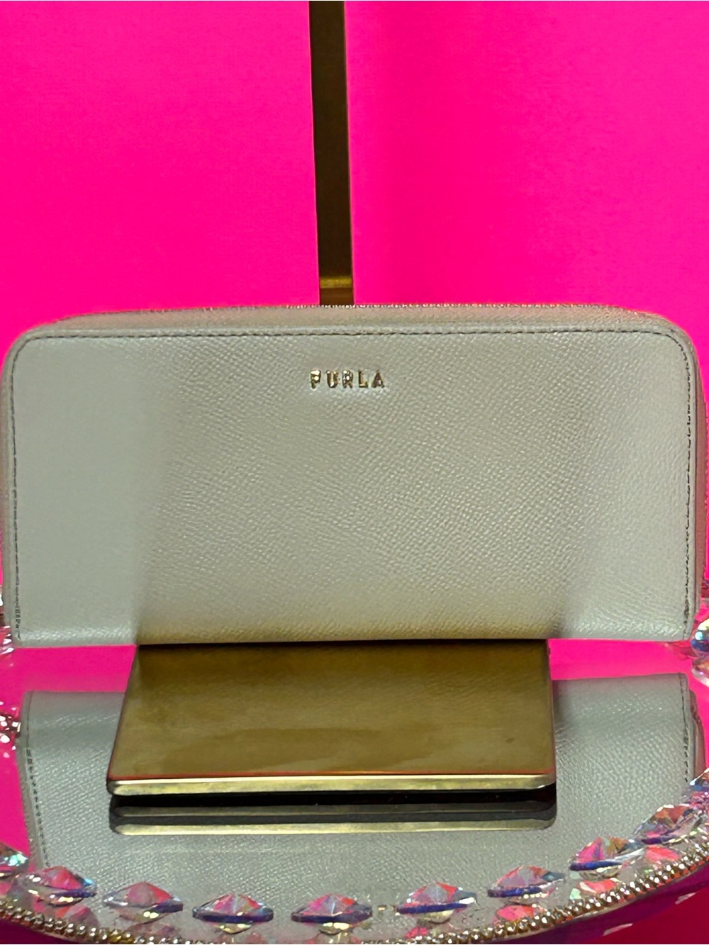 Furla L Leather Zip Around Wallet with Gold Logo Approx. 8 x 3.5